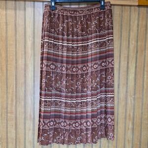 vintage Leslie Fay Midi Skirt Pleated A-Line Brown Patterned Elastic Waist Sz 14